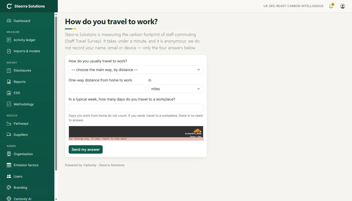 The public commuting survey page: main mode of travel, one-way distance, days a week at a workplace, and a bot check before sending