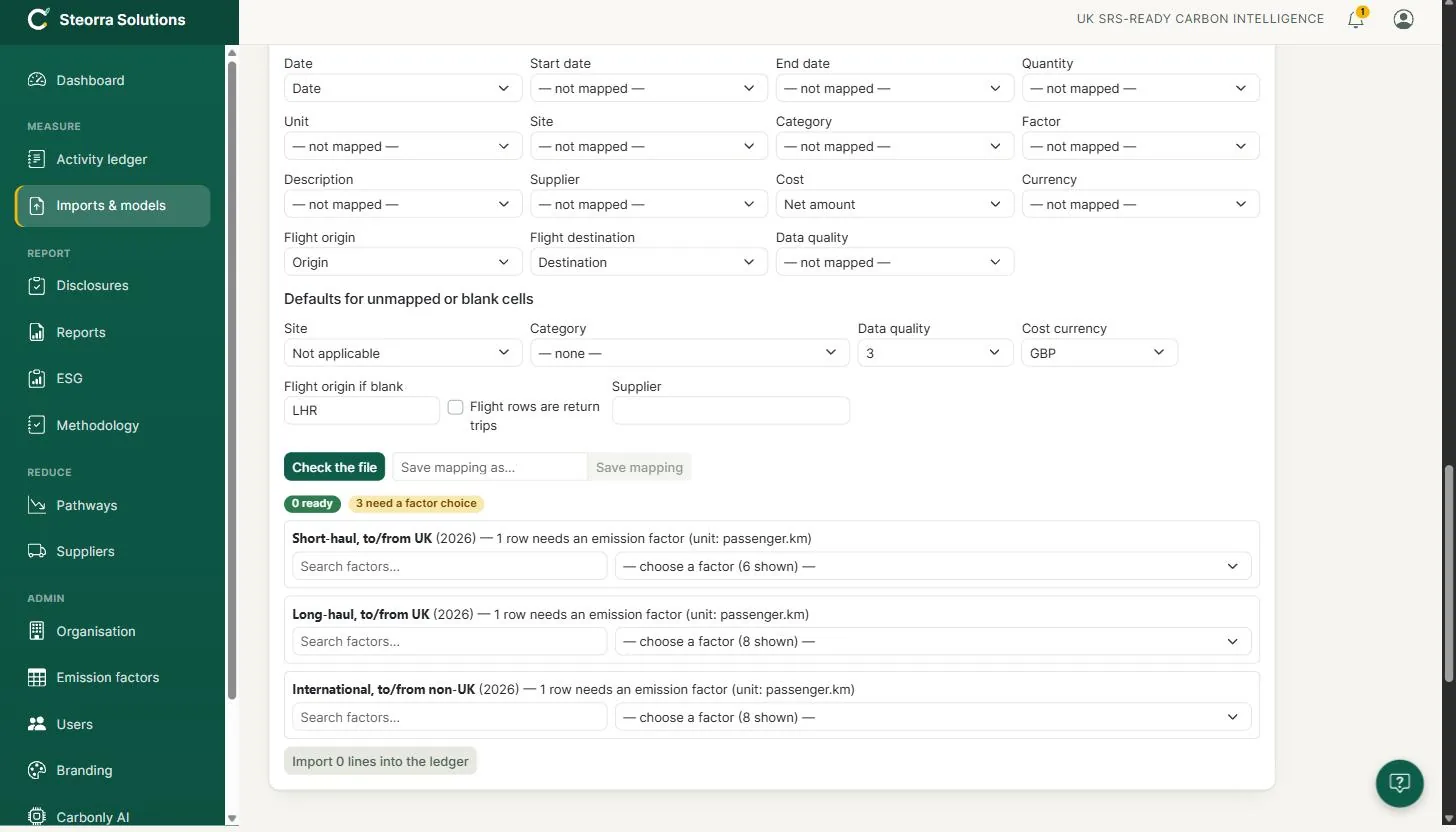 The CSV importer with Flight origin and Flight destination columns mapped, a default origin of LHR, and three rows grouped into short-haul, long-haul and international factor choices