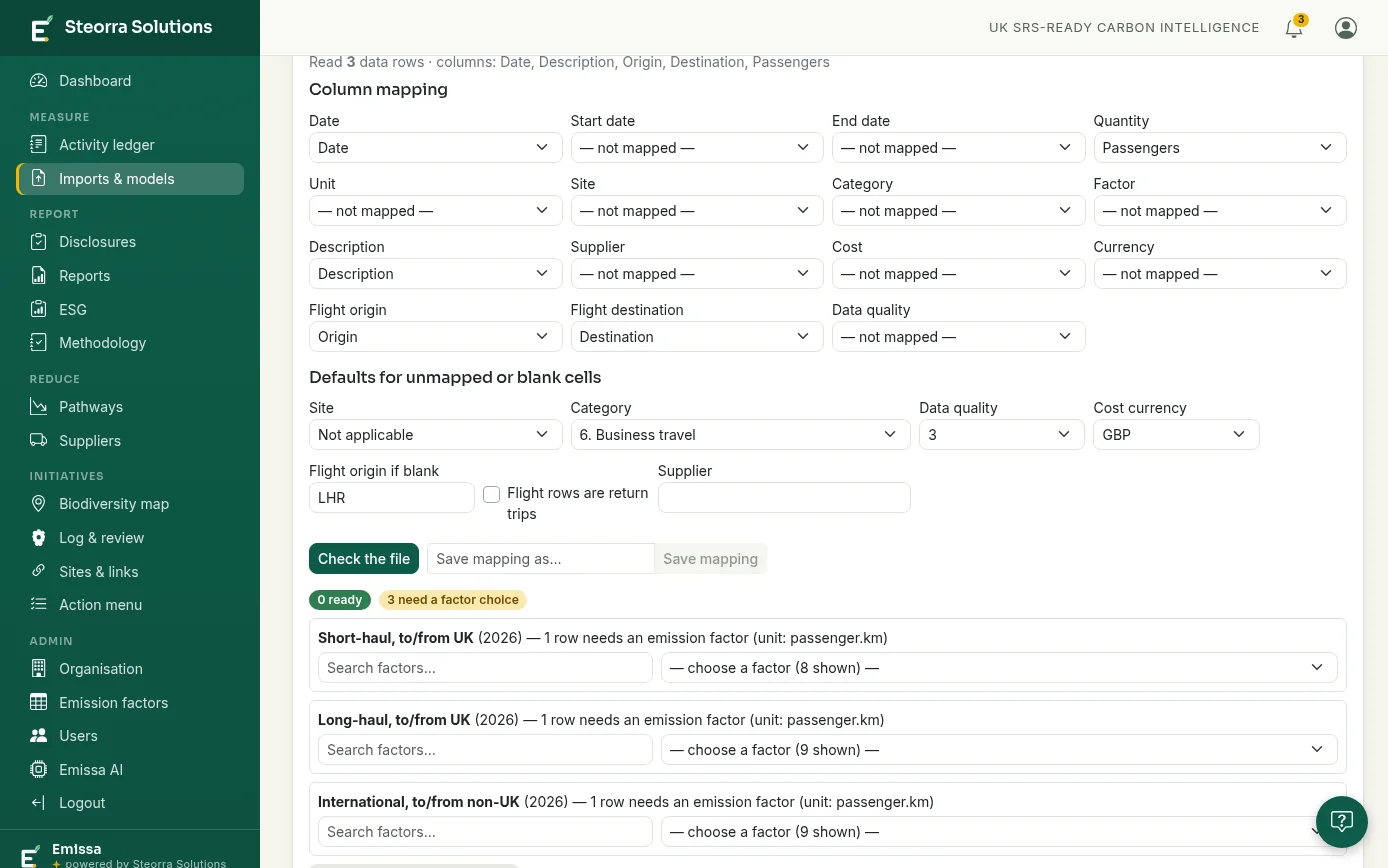 The CSV importer with Flight origin and Flight destination columns mapped, a default origin of LHR, and three rows grouped into short-haul, long-haul and international factor choices