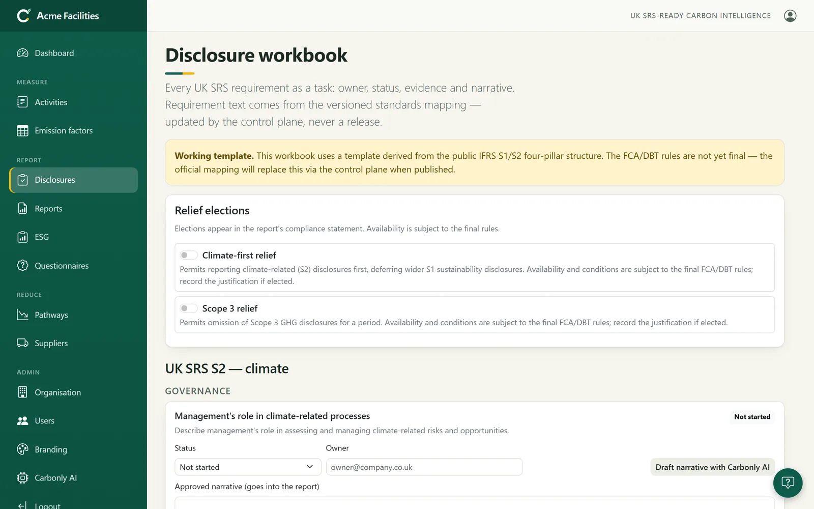 Disclosure workbook: UK SRS requirements as tasks with owners, status and relief elections