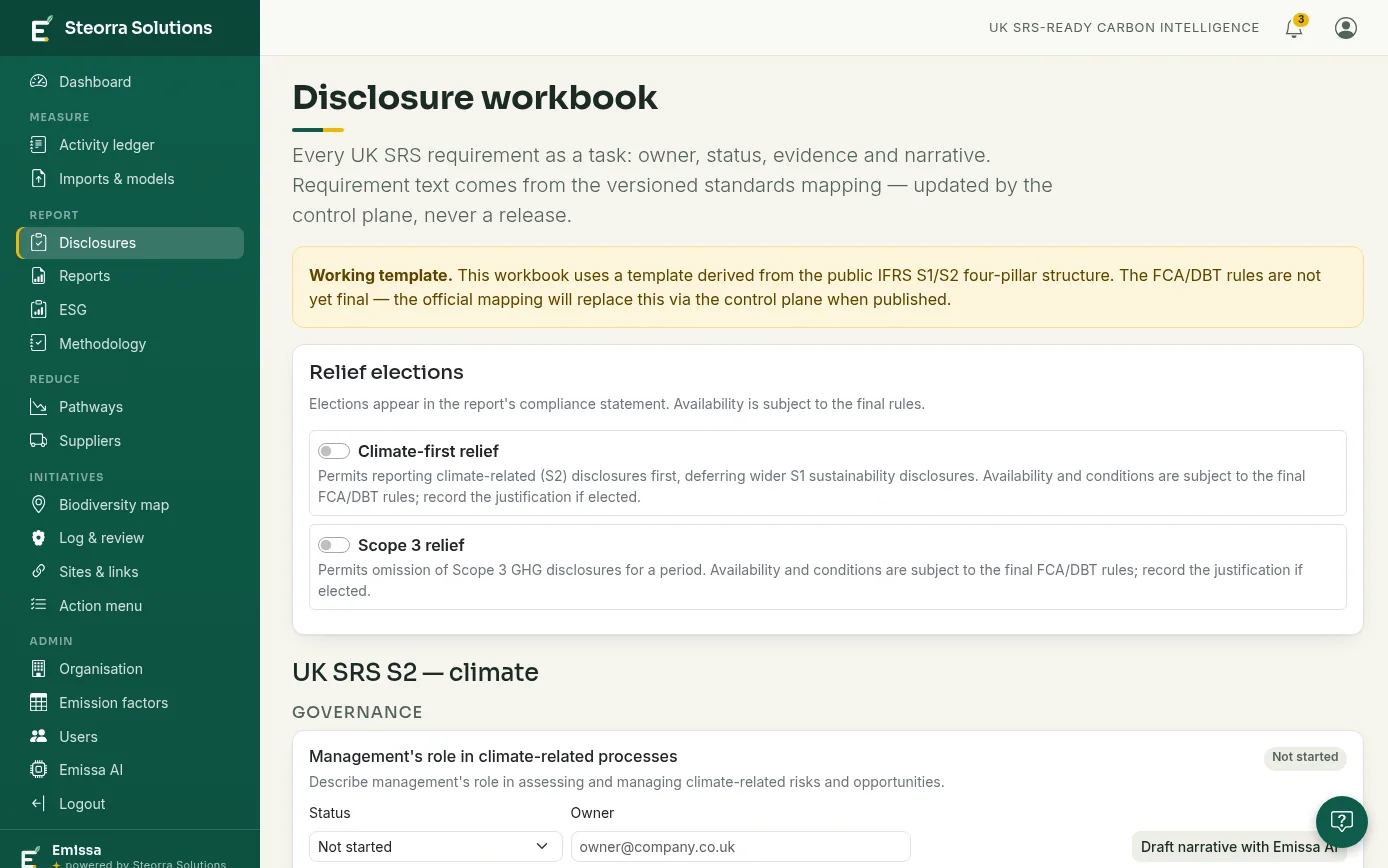The Disclosure workbook: a working-template notice, the relief elections, and the first UK SRS S2 governance requirement with its status and owner