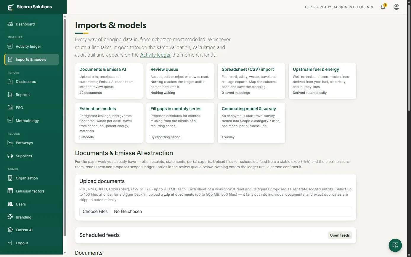 The Imports and models page: document upload with Emissa AI extraction, a human review queue, CSV import and the estimation tools