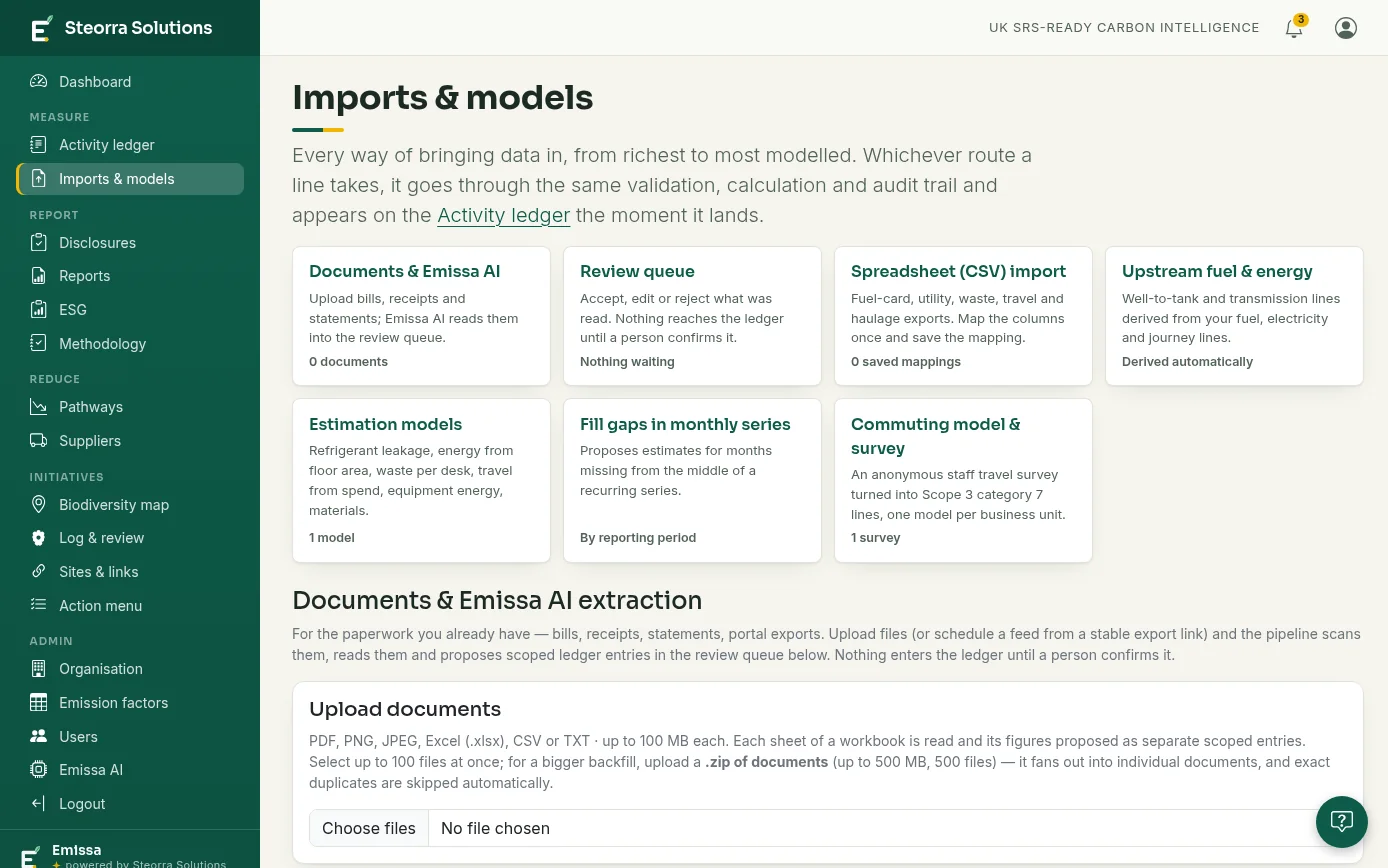 The Imports and models page: document upload with Emissa AI extraction, a human review queue, CSV import and the estimation tools