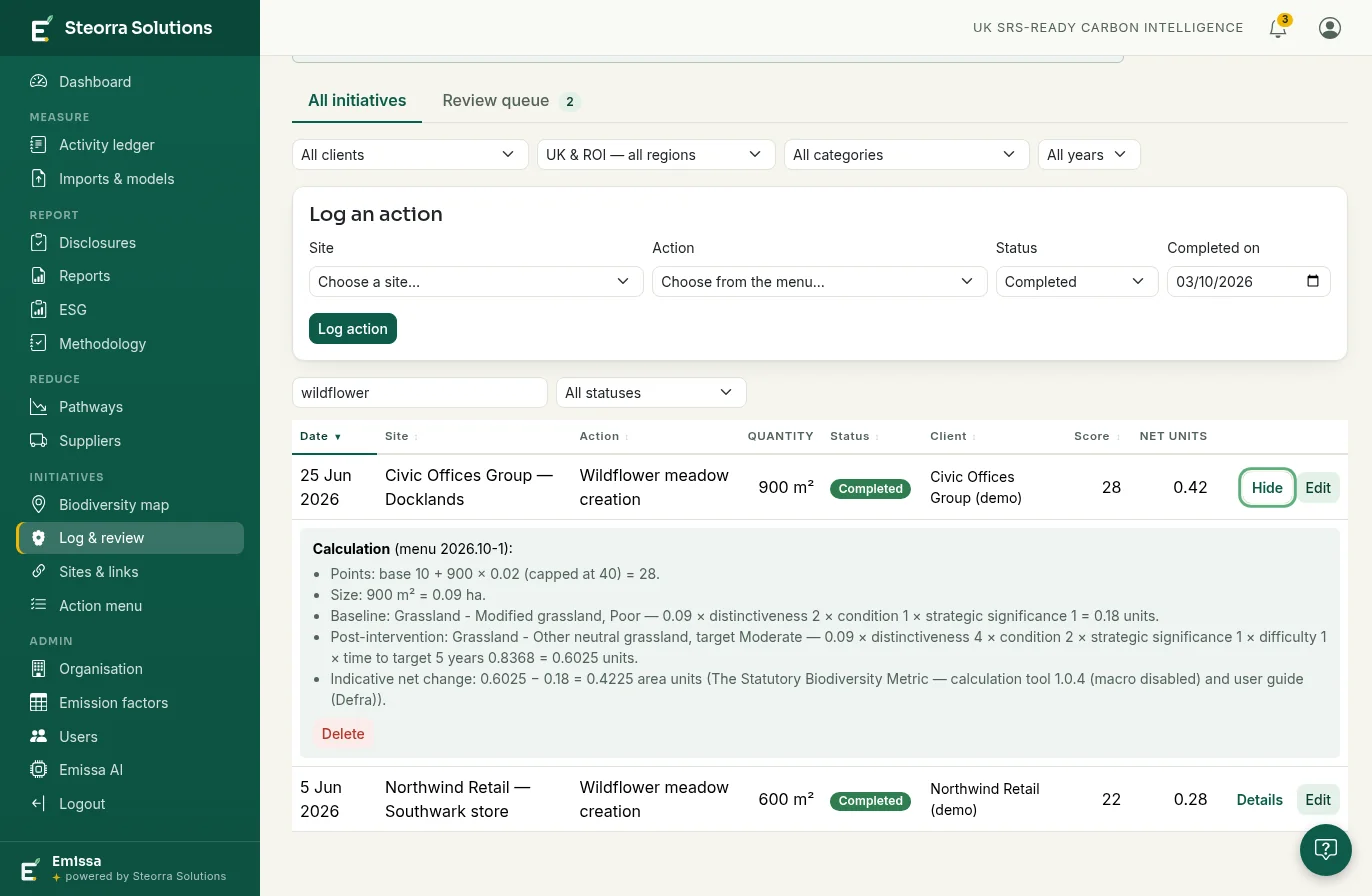 The initiative log filtered to wildflower meadows, with one entry expanded to show its calculation: points, size, baseline habitat, post-intervention multipliers and the indicative net change